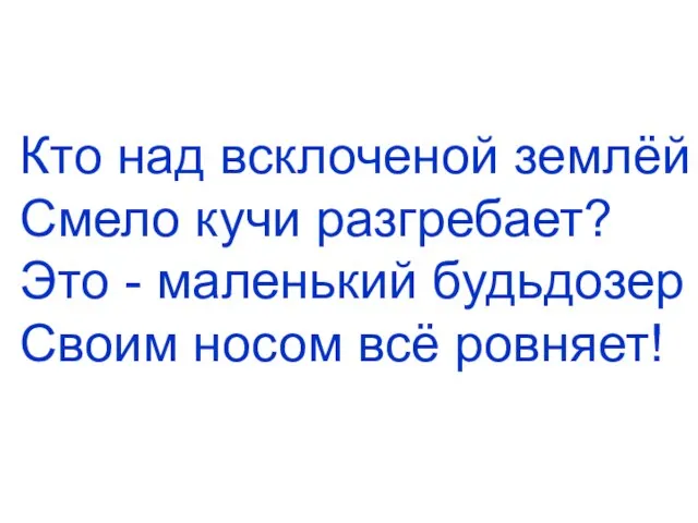 Кто над всклоченой землёй Смело кучи разгребает? Это - маленький будьдозер Своим носом всё рoвняет!