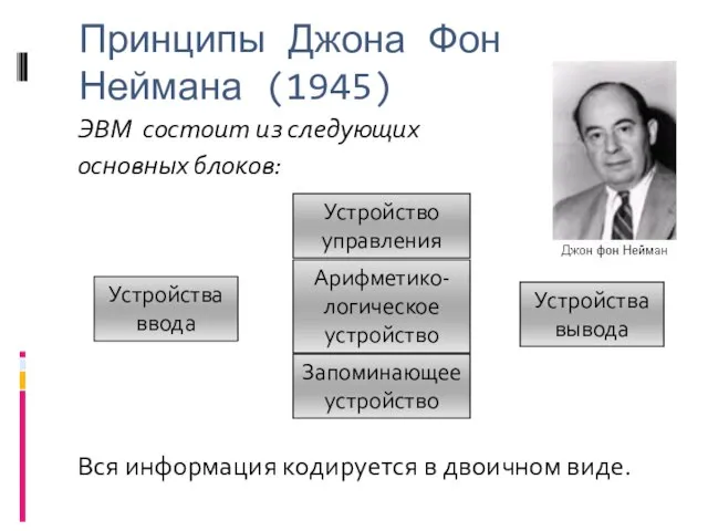 Принципы Джона Фон Неймана (1945) ЭВМ состоит из следующих основных блоков: Устройства