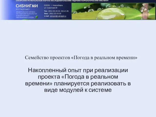 Семейство проектов «Погода в реальном времени» Накопленный опыт при реализации проекта «Погода