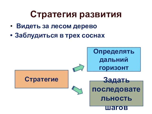 Стратегия развития Видеть за лесом дерево Заблудиться в трех соснах Стратегие Определять