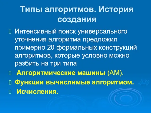 Типы алгоритмов. История создания Интенсивный поиск универсального уточнения алгоритма предложил примерно 20