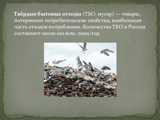 Твёрдые бытовые отходы (ТБО, мусор) — товары, потерявшие потребительские свойства, наибольшая часть