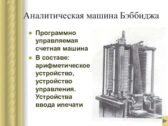 Аналитическая машина Бэббиджа Программно управляемая счетная машина В составе: арифметическое устройство, устройство управления. Устройства ввода ипечати