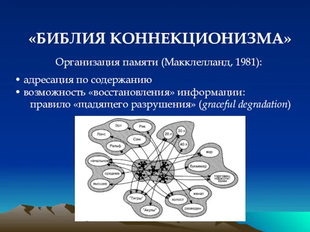 «БИБЛИЯ КОННЕКЦИОНИЗМА» Организация памяти (Макклелланд, 1981): адресация по содержанию возможность «восстановления» информации: