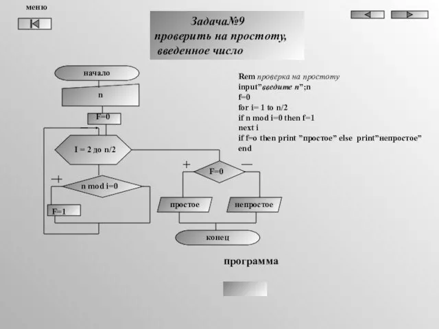 начало n I = 2 до n/2 конец Задача№9 проверить на простоту,