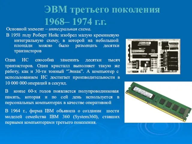 ЭВМ третьего поколения 1968– 1974 г.г. Основной элемент – интегральная схема. В