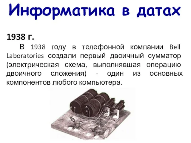 Информатика в датах 1938 г. В 1938 году в телефонной компании Bell