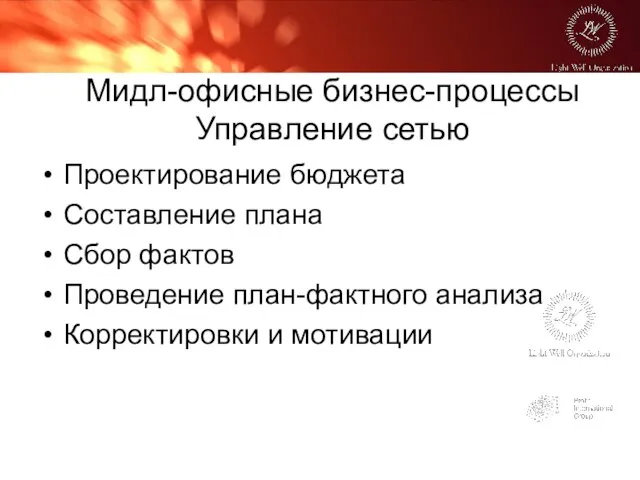 Мидл-офисные бизнес-процессы Управление сетью Проектирование бюджета Составление плана Сбор фактов Проведение план-фактного анализа Корректировки и мотивации