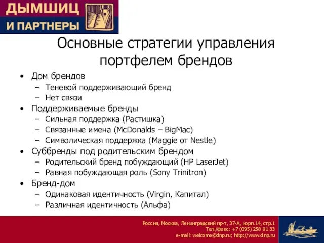 Основные стратегии управления портфелем брендов Дом брендов Теневой поддерживающий бренд Нет связи