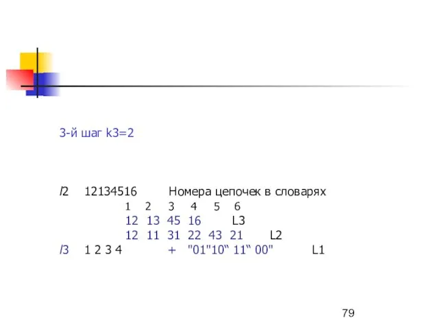 3-й шаг k3=2 l2 12134516 Номера цепочек в словарях 1 2 3