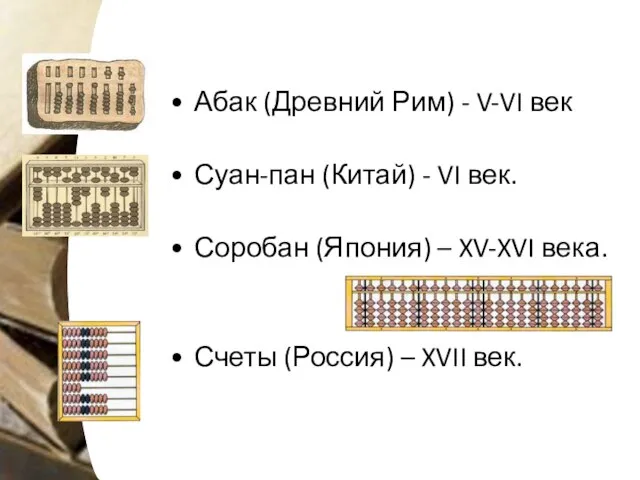 Абак (Древний Рим) - V-VI век Суан-пан (Китай) - VI век. Соробан