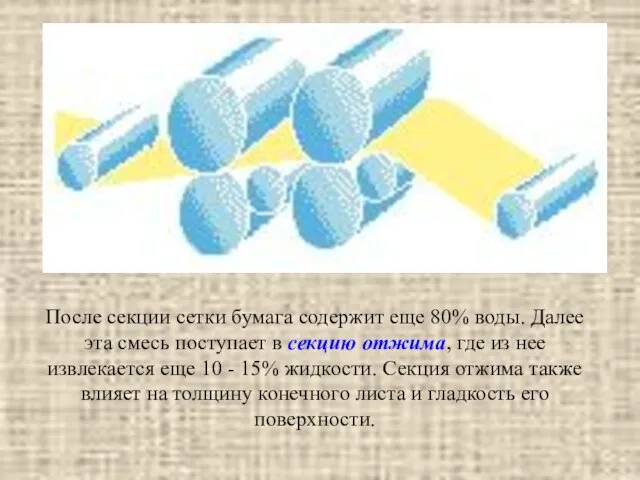 После секции сетки бумага содержит еще 80% воды. Далее эта смесь поступает