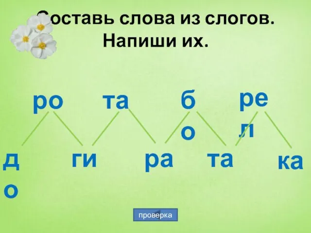 Составь слова из слогов. Напиши их. ро до ги та ра бо та рел ка проверка