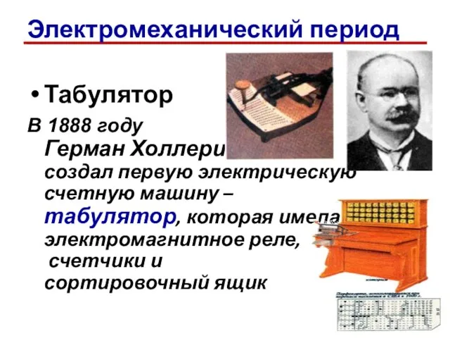 Электромеханический период Табулятор В 1888 году Герман Холлерит создал первую электрическую счетную