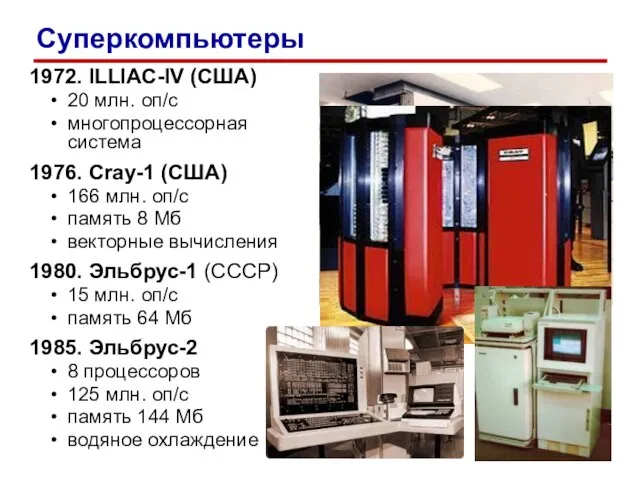 1972. ILLIAC-IV (США) 20 млн. оп/c многопроцессорная система 1976. Cray-1 (США) 166