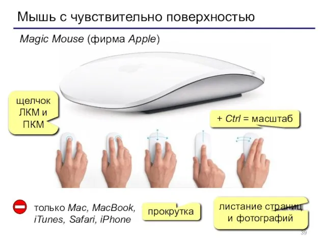 Мышь с чувствительно поверхностью Magic Mouse (фирма Apple) щелчок ЛКМ и ПКМ