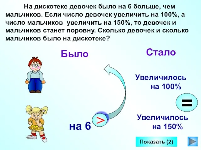 На дискотеке девочек было на 6 больше, чем мальчиков. Если число девочек