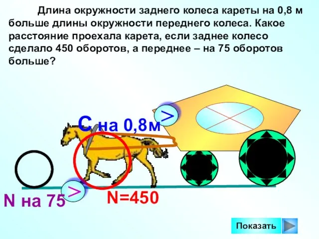 Длина окружности заднего колеса кареты на 0,8 м больше длины окружности переднего