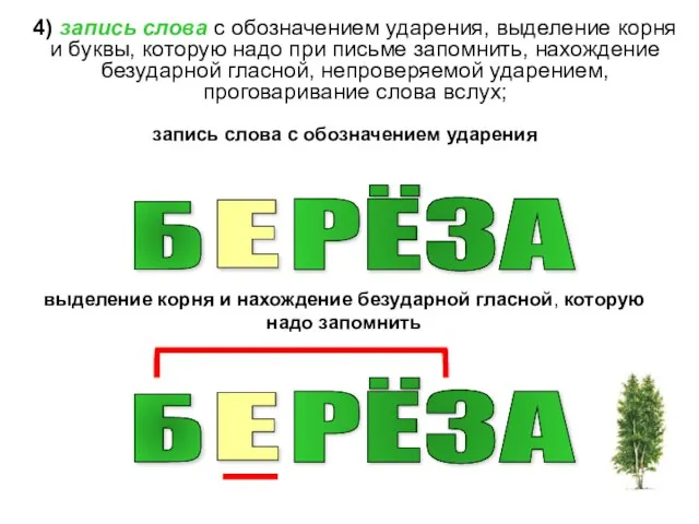 4) запись слова с обозначением ударения, выделение корня и буквы, которую надо