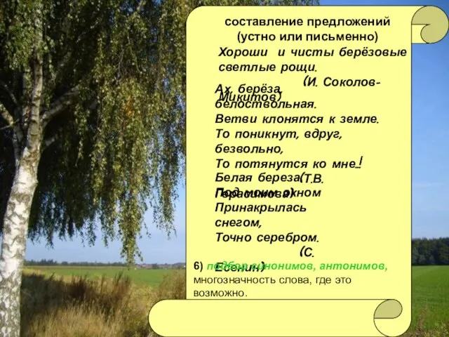 составление предложений (устно или письменно) Белая береза Под моим окном Принакрылась снегом,