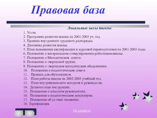 Правовая база Локальные акты школы 1. Устав. 2. Программа развития школы на