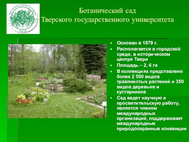 Ботанический сад Тверского государственного университета Основан в 1879 г. Располагается в городской