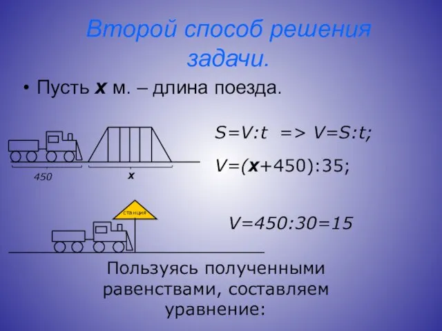 Второй способ решения задачи. Пусть х м. – длина поезда. S=V:t =>