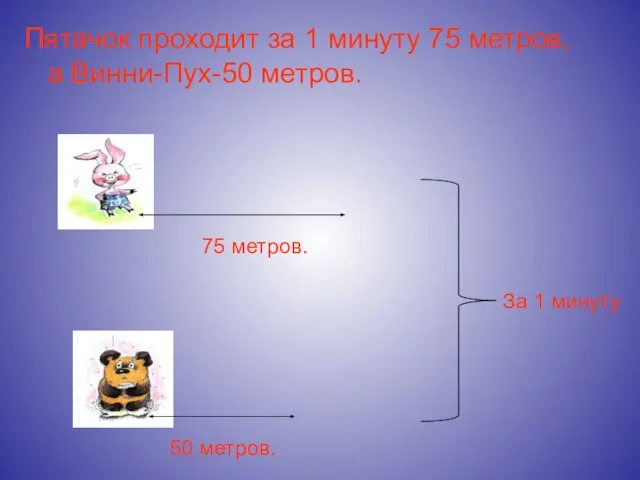 Пятачок проходит за 1 минуту 75 метров, а Винни-Пух-50 метров. 75 метров.