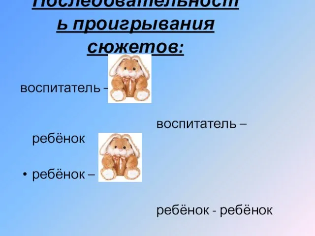 Последовательность проигрывания сюжетов: воспитатель – воспитатель – ребёнок ребёнок – ребёнок - ребёнок