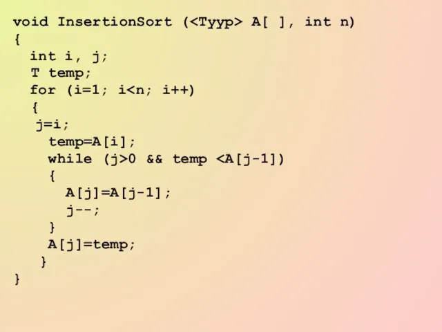 void InsertionSort ( A[ ], int n) { int i, j; T