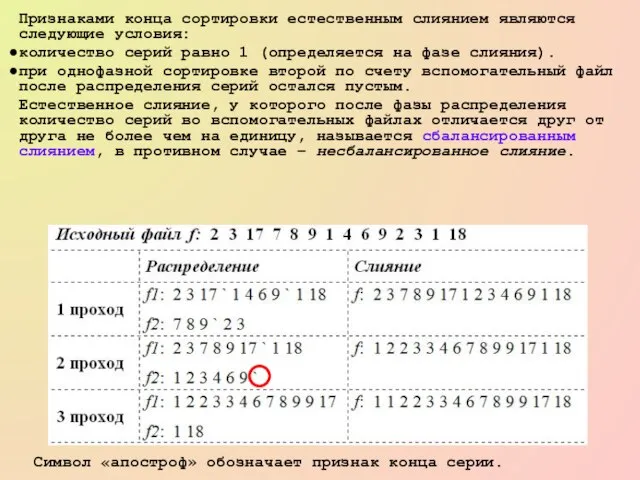 Признаками конца сортировки естественным слиянием являются следующие условия: количество серий равно 1