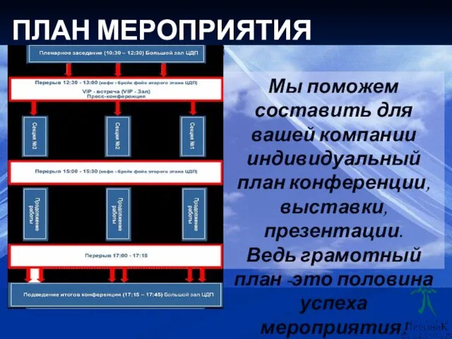 Мы поможем составить для вашей компании индивидуальный план конференции, выставки, презентации. Ведь