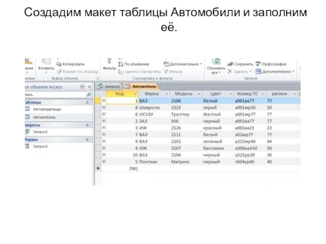 Создадим макет таблицы Автомобили и заполним её.