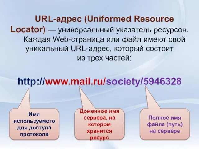 URL-адрес (Uniformed Resource Locator) — универсальный указатель ресурсов. Каждая Web-страница или файл