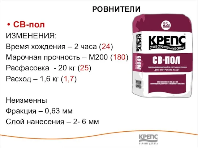 СВ-пол ИЗМЕНЕНИЯ: Время хождения – 2 часа (24) Марочная прочность – М200