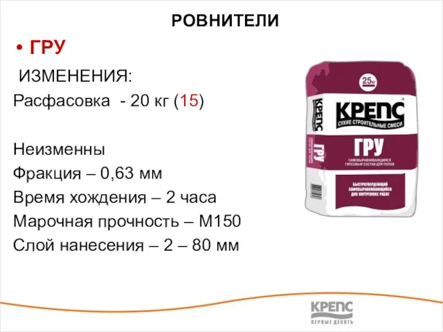 РОВНИТЕЛИ ГРУ ИЗМЕНЕНИЯ: Расфасовка - 20 кг (15) Неизменны Фракция – 0,63