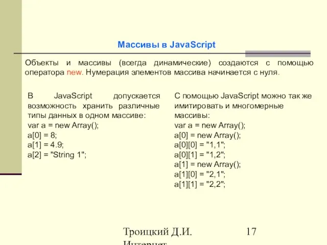 Троицкий Д.И. Интернет-технологии Объекты и массивы (всегда динамические) создаются с помощью оператора