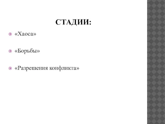 СТАДИИ: «Хаоса» «Борьбы» «Разрешения конфликта»