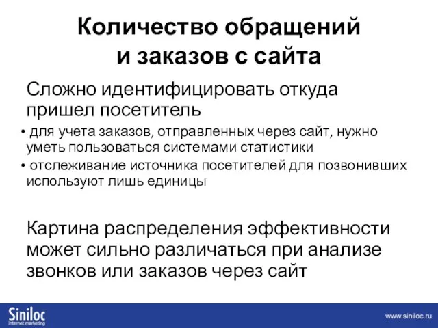 Количество обращений и заказов с сайта Сложно идентифицировать откуда пришел посетитель для