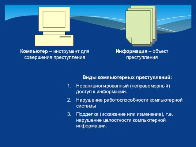 Виды компьютерных преступлений: Несанкционированный (неправомерный) доступ к информации. Нарушение работоспособности компьютерной системы