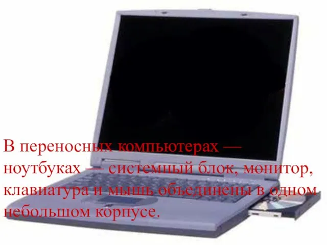 В переносных компьютерах — ноутбуках — системный блок, монитор, клавиатура и мышь
