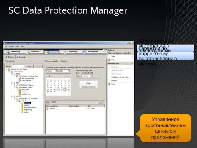 SC Data Protection Manager Управление восстановлением данных и приложений Максимальная интеграция с