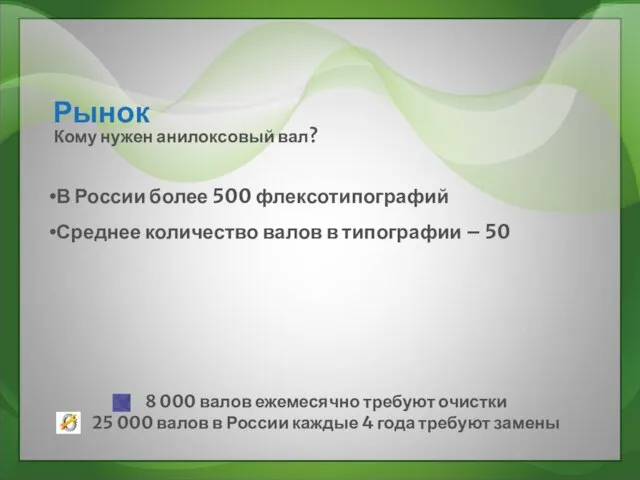 Рынок В России более 500 флексотипографий Среднее количество валов в типографии –