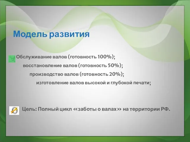 Модель развития Обслуживание валов (готовность 100%); восстановление валов (готовность 50%); производство валов