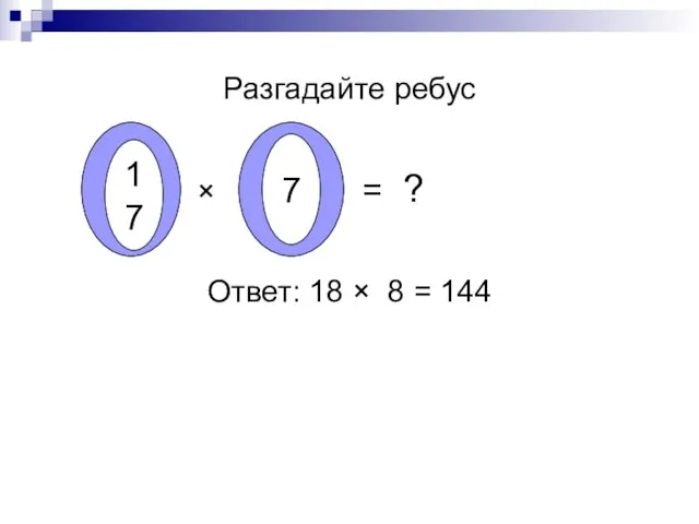 Разгадайте ребус × = ? Ответ: 18 × 8 = 144 17 7