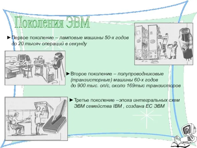 Поколения ЭВМ Первое поколение – ламповые машины 50-х годов до 20 тысяч