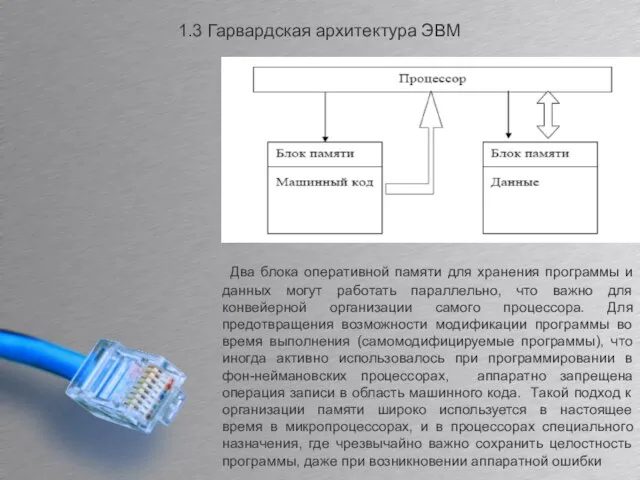 1.3 Гарвардская архитектура ЭВМ Два блока оперативной памяти для хранения программы и