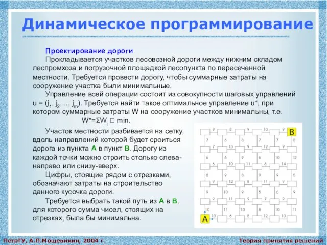 Теория принятия решений ПетрГУ, А.П.Мощевикин, 2004 г. Динамическое программирование Проектирование дороги Прокладывается