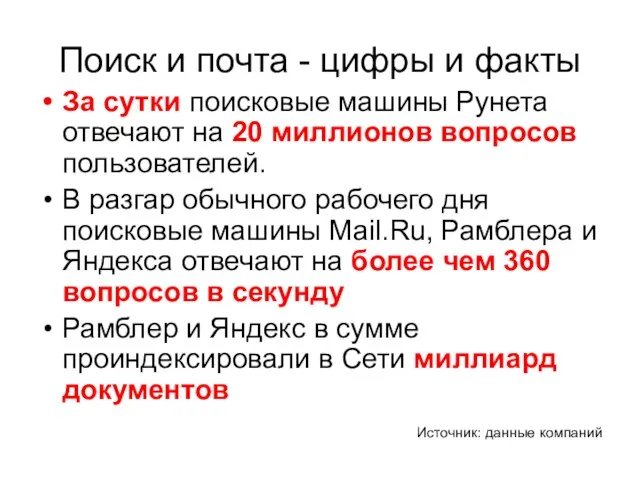 Поиск и почта - цифры и факты За сутки поисковые машины Рунета