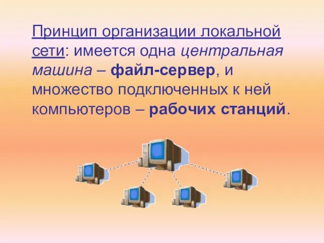 Принцип организации локальной сети: имеется одна центральная машина – файл-сервер, и множество